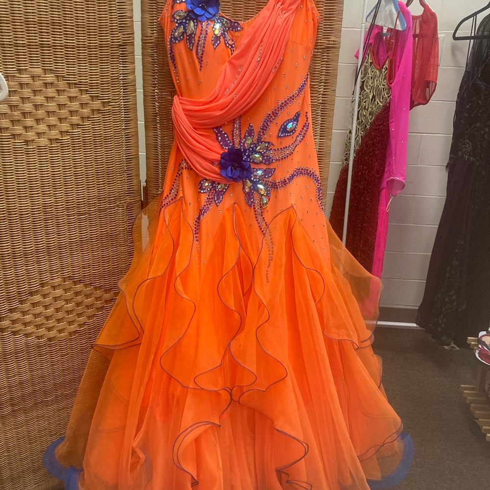 NWOT Ballroom Smooth Dress, Vibrant Orange Dance Dress with Blue Accents
